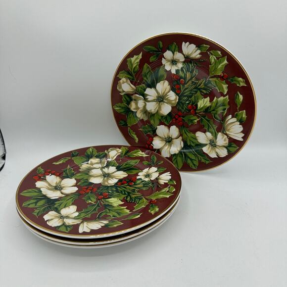 Vtg Christmas Salad Plates in Splendor Burgundy Pattern by Sakura 2002-04 S/4 - Picture 1 of 7